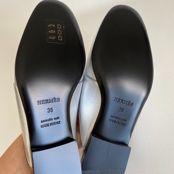 HERMES H CATENA SILVER LEATHER MULES FLIP FLOPS SHOES FLAT SLIDES 36 - Picture 13 of 15